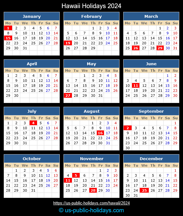 Hawaii State Holidays 2024 Calendar